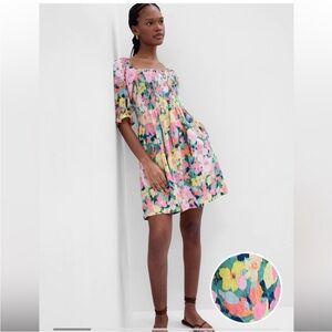 Puff Sleeve Linen-Blend Floral Mini Dress Large Tall